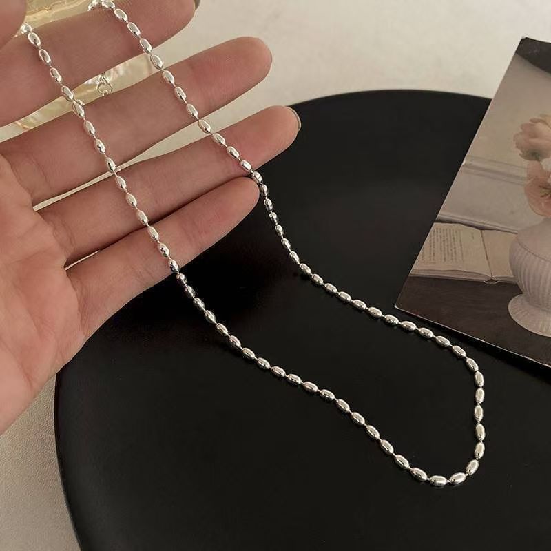 坠链均足银 足银999简约小众ins叠戴米粒橄榄珠项链女锁骨链纯链