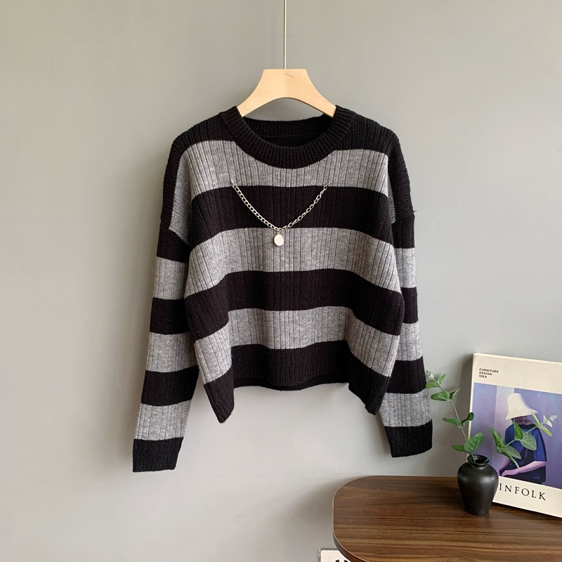 MYS高品质版本高级感圆领链条条纹加厚毛衣衫女装时尚休闲减龄潮