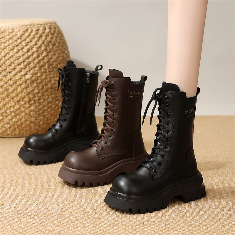 真皮厚底马丁靴女2025新款冬中筒短靴百搭小个子增高加绒保暖靴子