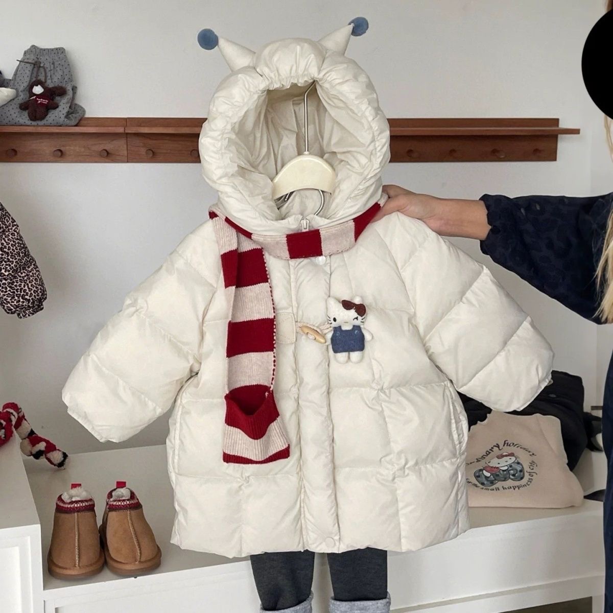 女童棉服儿童冬装2025新款保暖防寒白色连帽外套宝宝卡通上衣厚