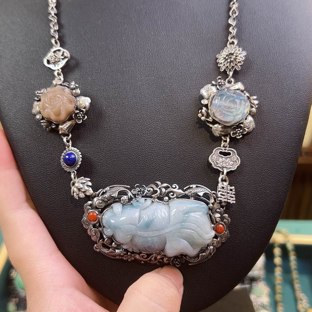 翡翠颈饰银S925镶嵌古风