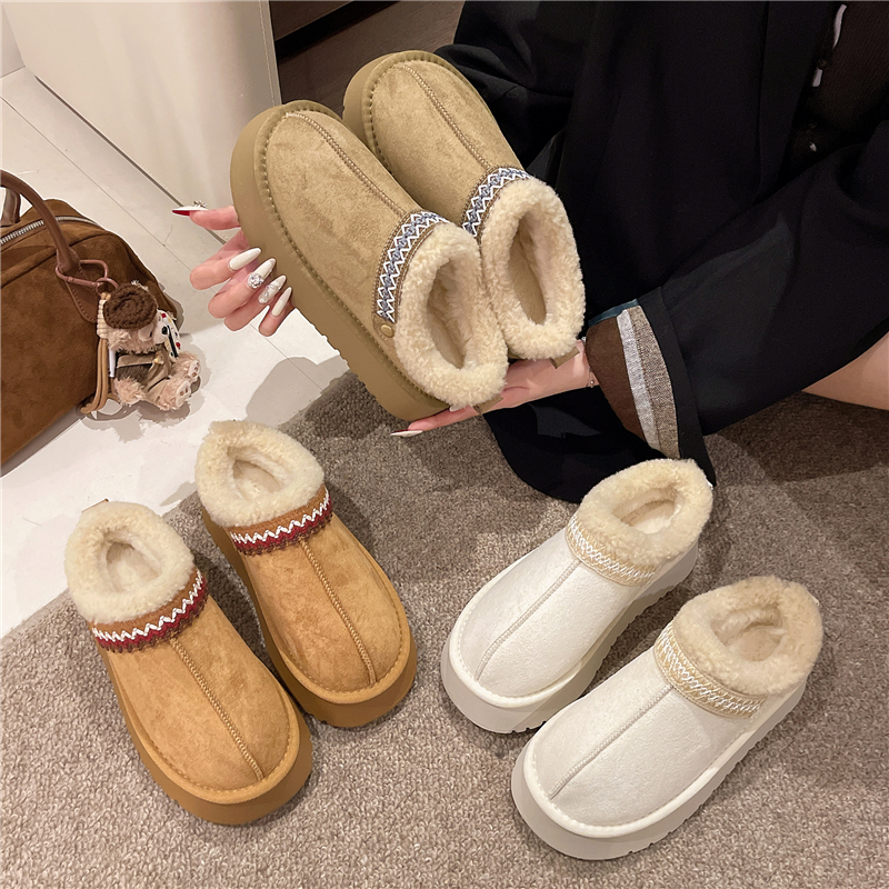 毛绒厚底一脚蹬半拖鞋女2025新款冬季加绒保暖勃肯雪地棉拖鞋35码