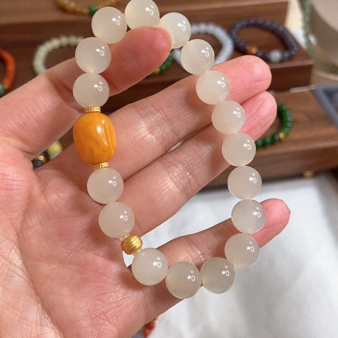 和田玉手链银S925镶嵌蜂蜜水10mm冰底微猫