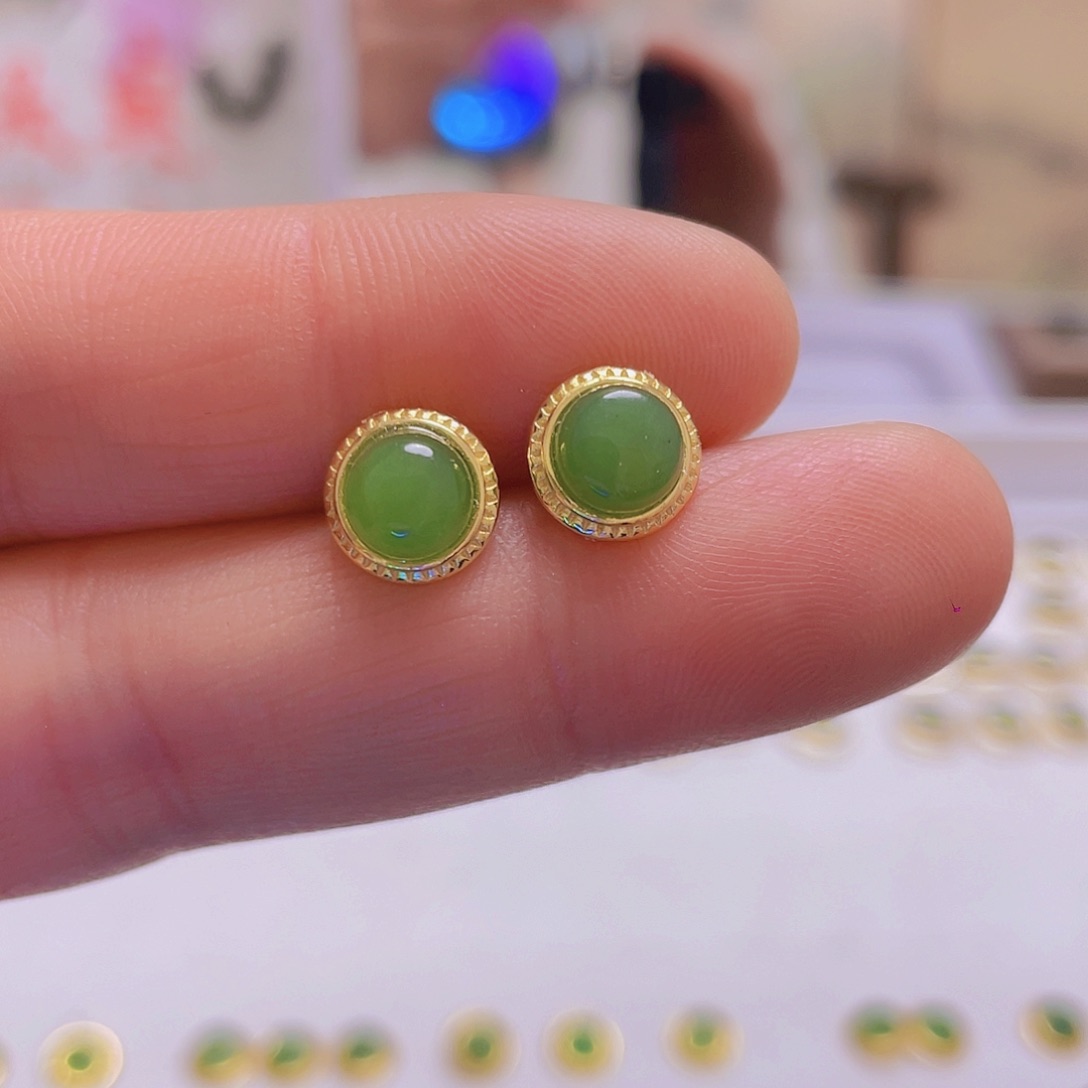 和田玉耳饰银S925镀金镶嵌