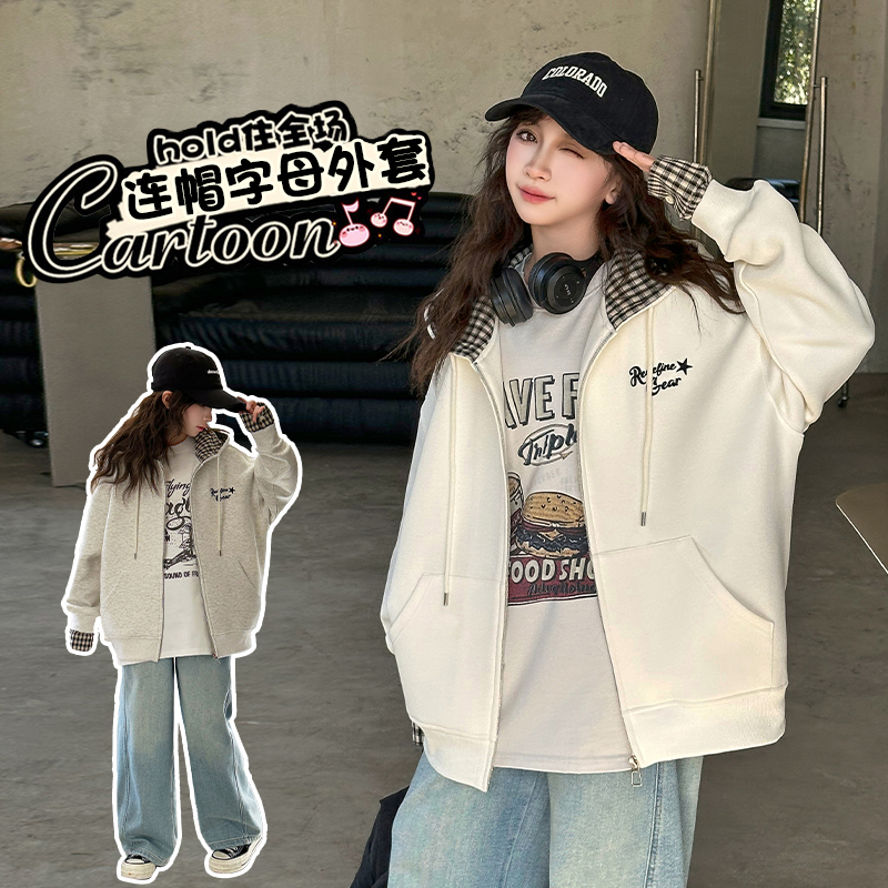 女童外套春秋款2024新款中大童时尚韩版连帽卫衣开衫休闲时髦套装