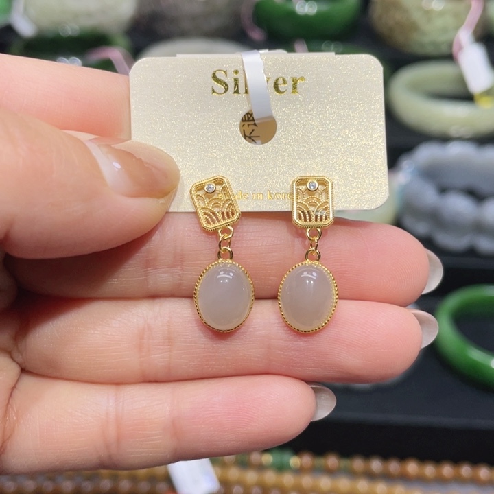 和田玉耳饰 银S925镶嵌