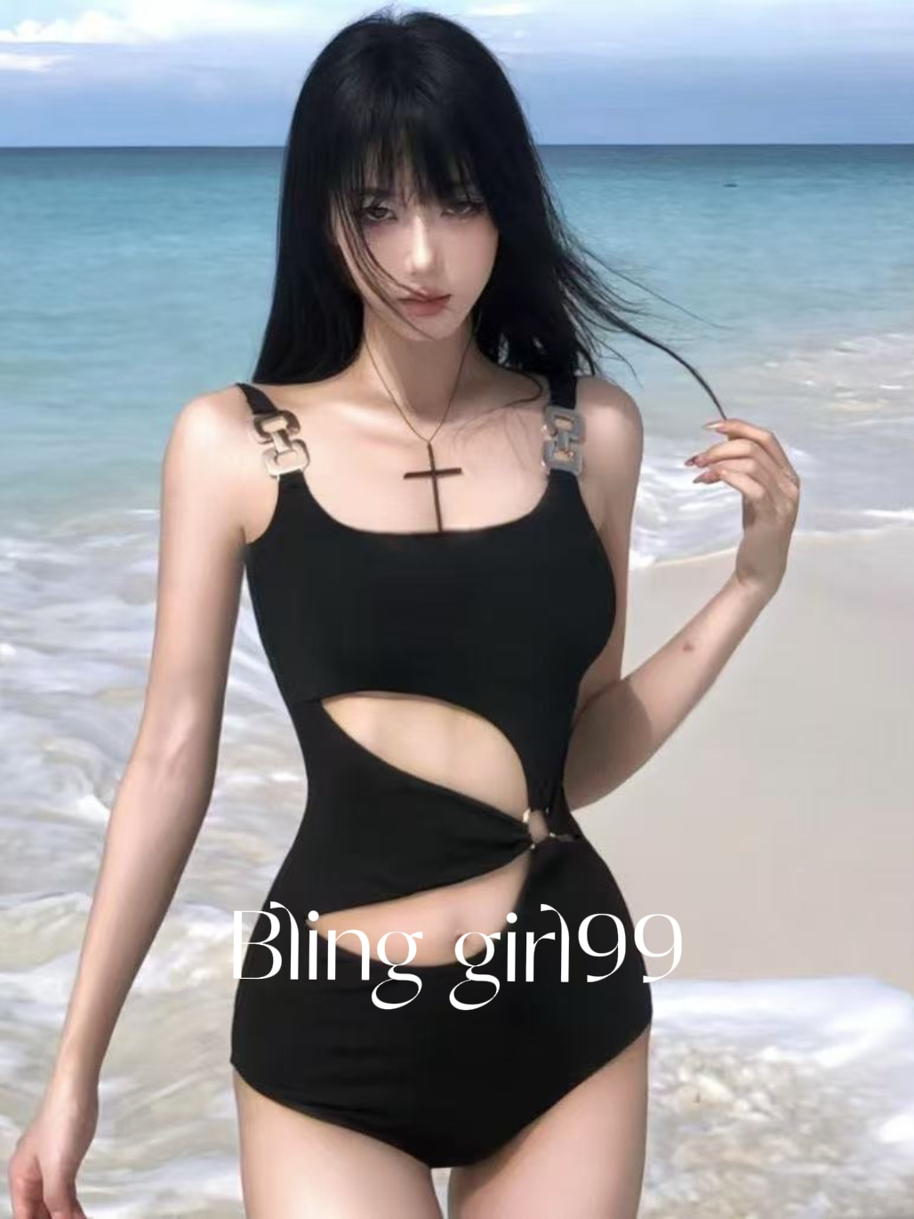 【黑金派对】女性感纯欲风黑色镂空连体泳衣欧美泡温泉度假显瘦必备