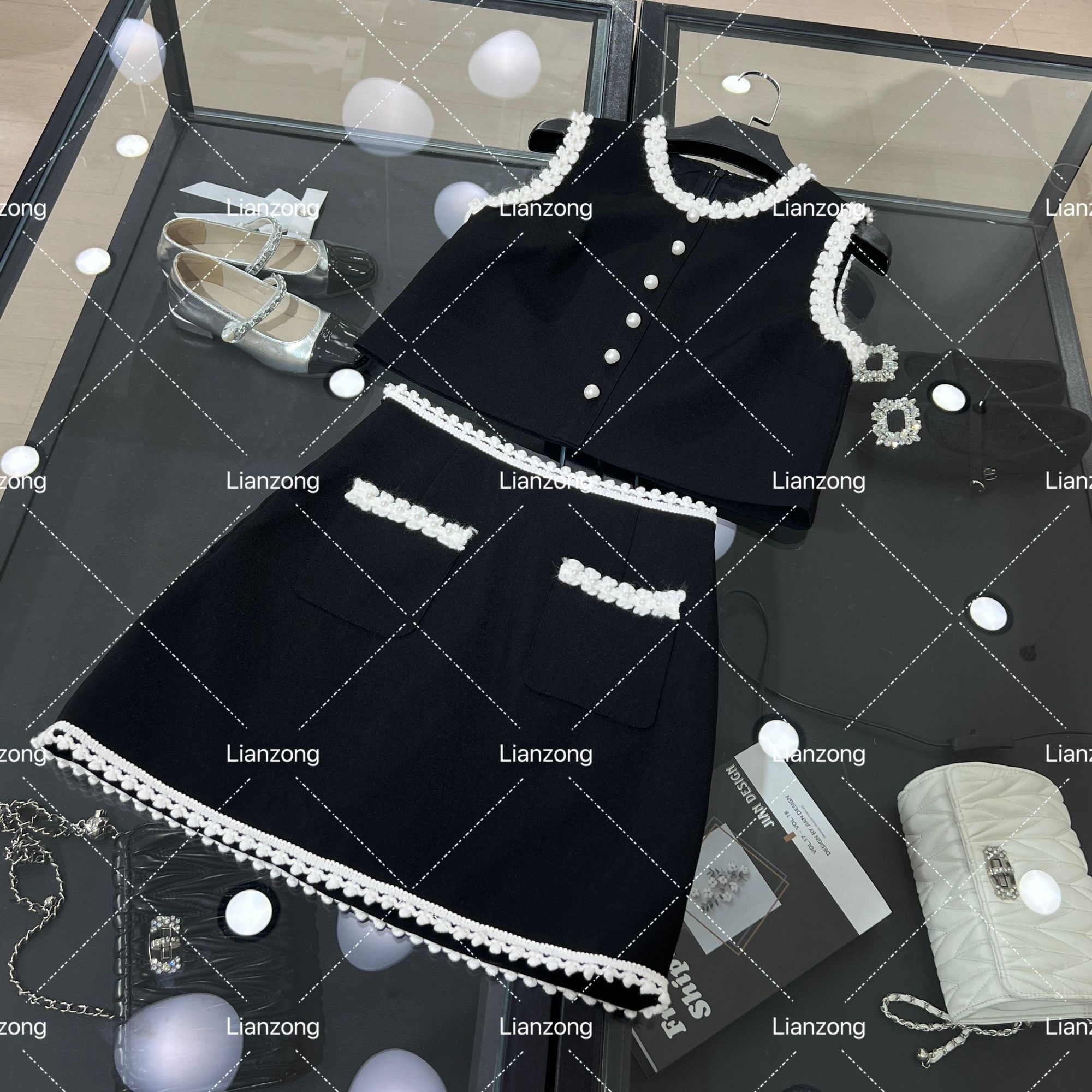 优雅风法式时尚套装背带黑白夏季短裤格纹上衣背心