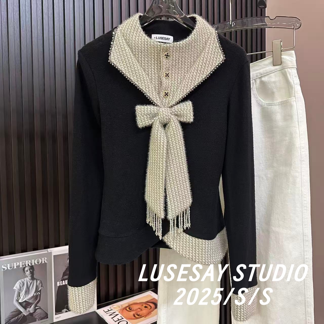 LUSESAY 重工纽扣蝴蝶结串珠设计 2025秋冬新款百搭长袖女上衣