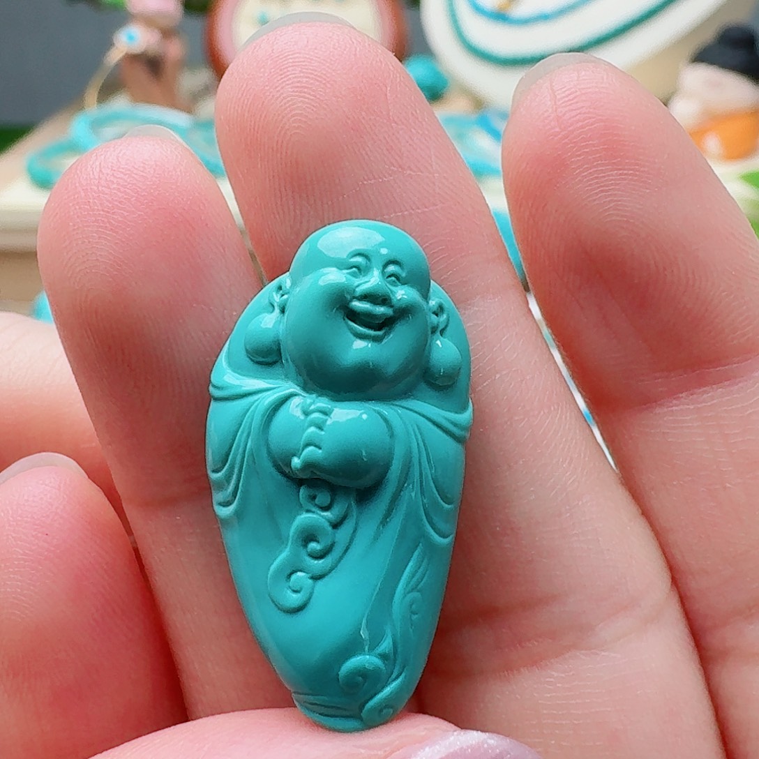 绿松石未镶嵌高瓷蓝绿精雕弥勒佛牌