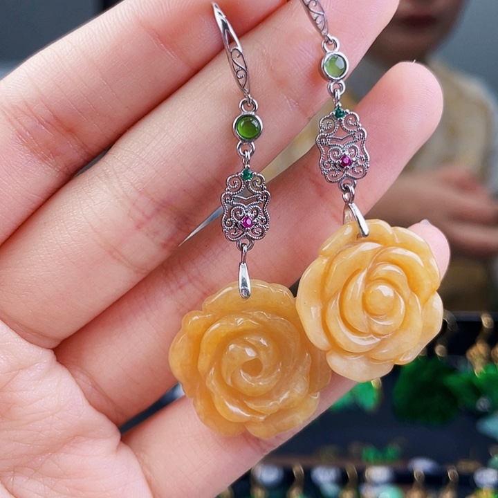 翡翠耳饰银S925镶嵌饰品