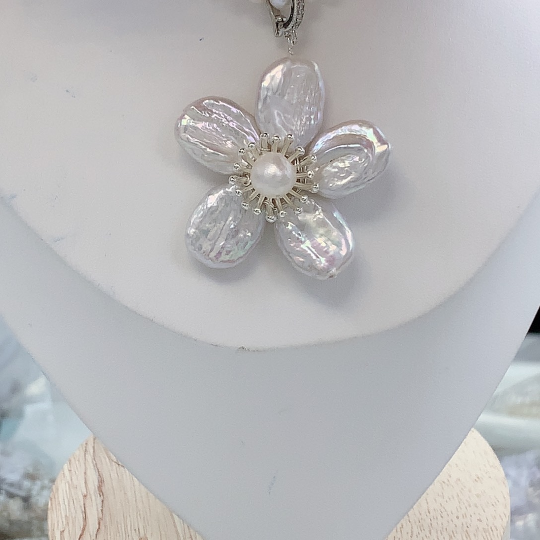 银S925镶嵌耳饰淡水珍珠大花吊坠