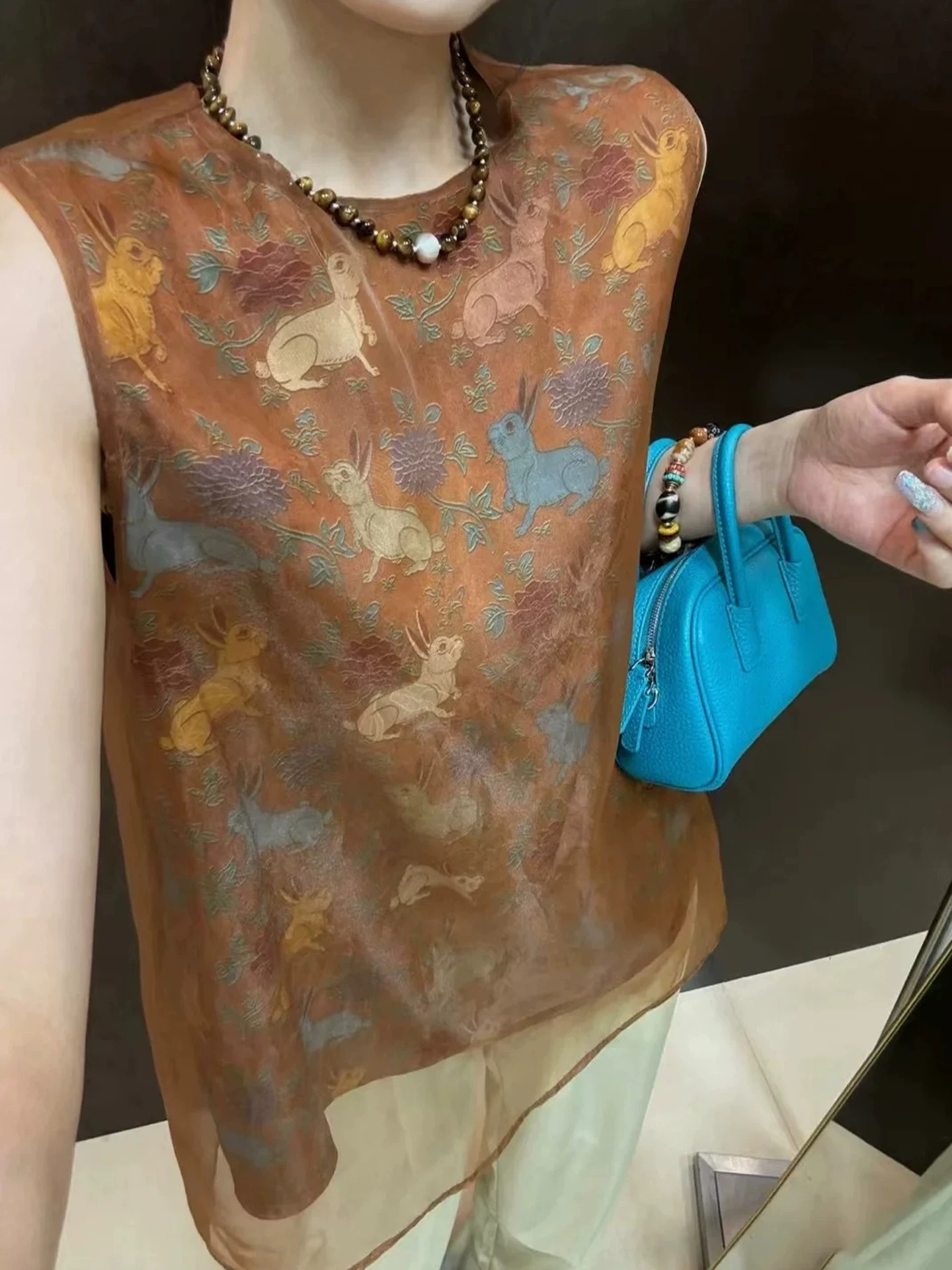 无袖圆领提花印花新中式拼接T恤背心套装复古双面