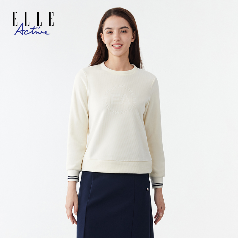 ELLE Active【绒暖舒适】细条灯芯绒卫衣休闲圆领长袖女士上衣百搭