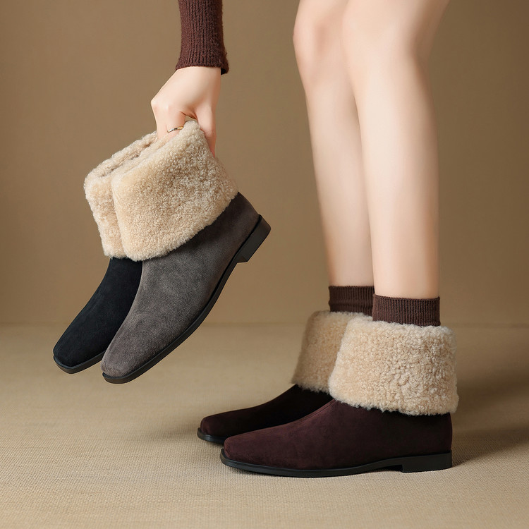 【指念】法式方头加绒保暖雪地靴女冬季短筒平底百搭显瘦棉靴女鞋