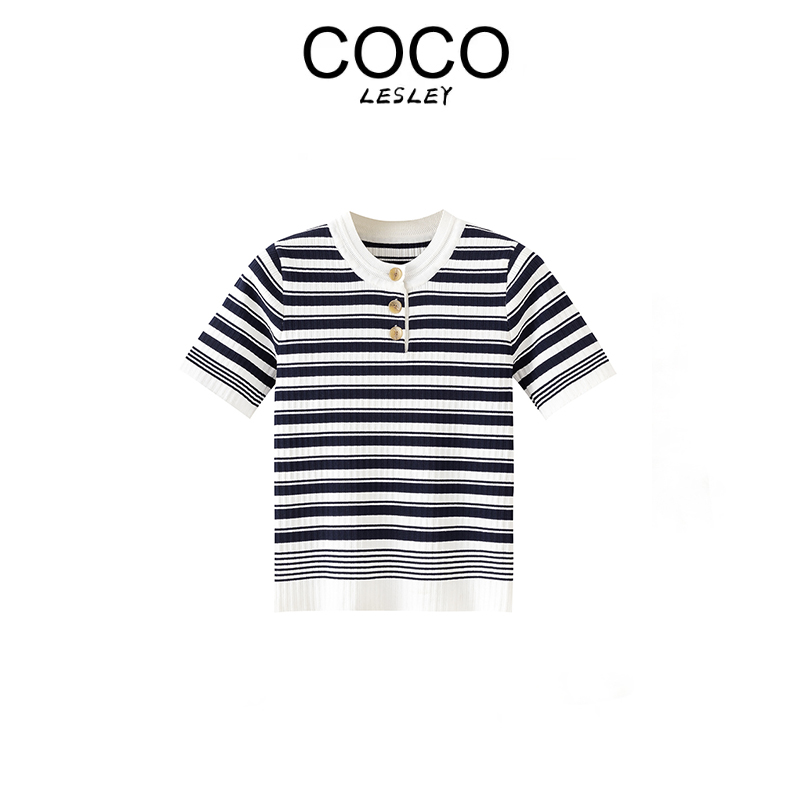 【COCO LESLEY】2025蓝白条纹撞色针织短袖-5461