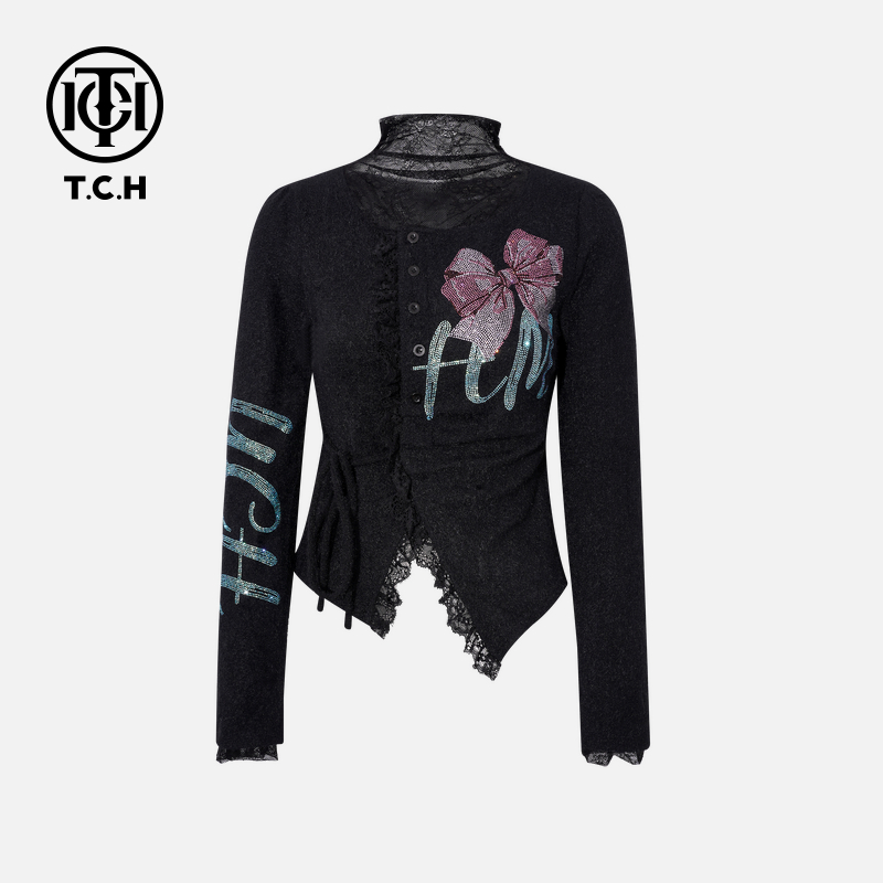 TCH私服冬款慵懒风烫钻时尚淑女黑色针织衫T75D09E5029轻奢tch