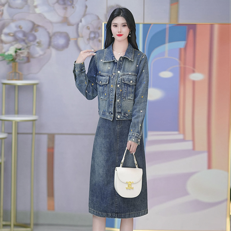 两件套牛仔外套牛仔连衣裙秋季新款显瘦拼色牛仔裙套裙