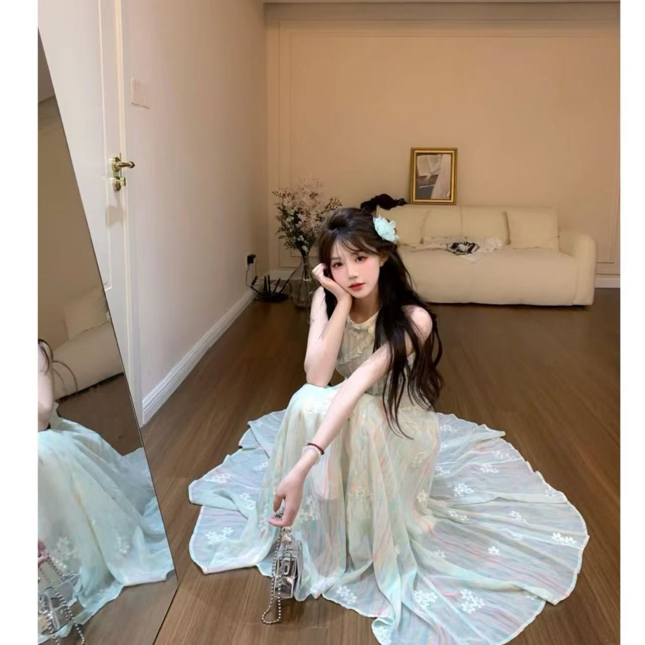 X型裙拼接夏季显瘦中长裙连衣裙蓝色复古小众印花初恋裙子