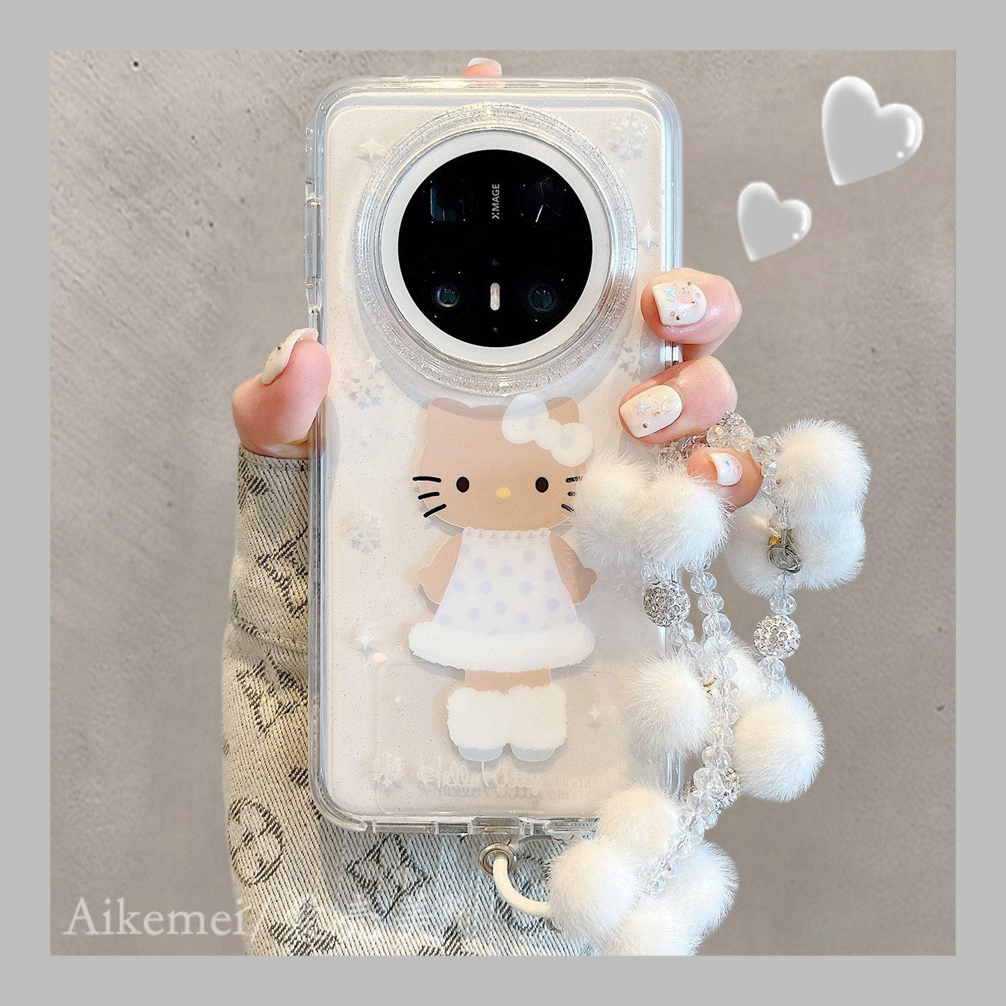 适用华为mate80promax手机壳冬日透明雪花mate70pro+长腿kt猫链条