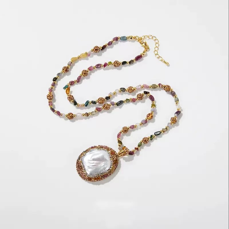 铜合金锆石项链 天然巴洛克编织镶嵌纯手工毛衣链JT-227