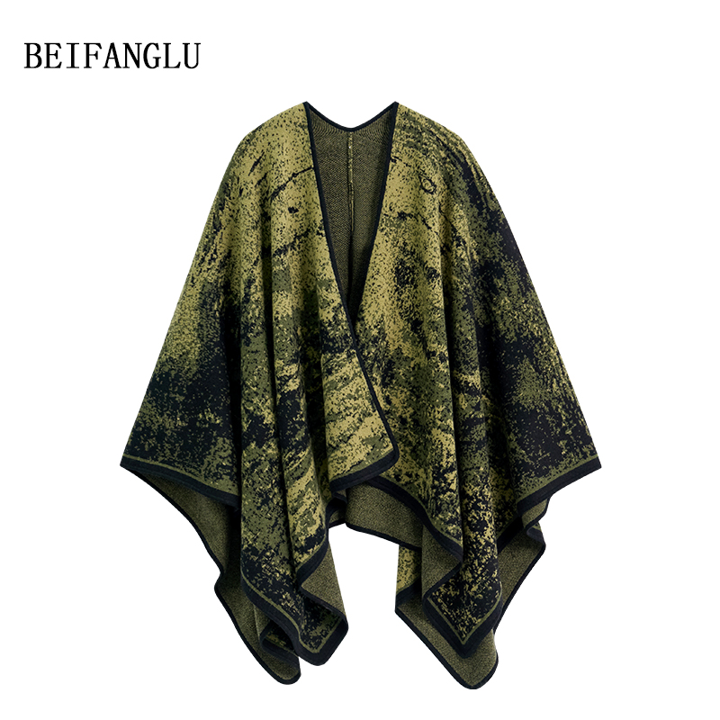 北方鹿【东方美学水墨提花】100绵羊毛气质针织斗篷大披肩女251157