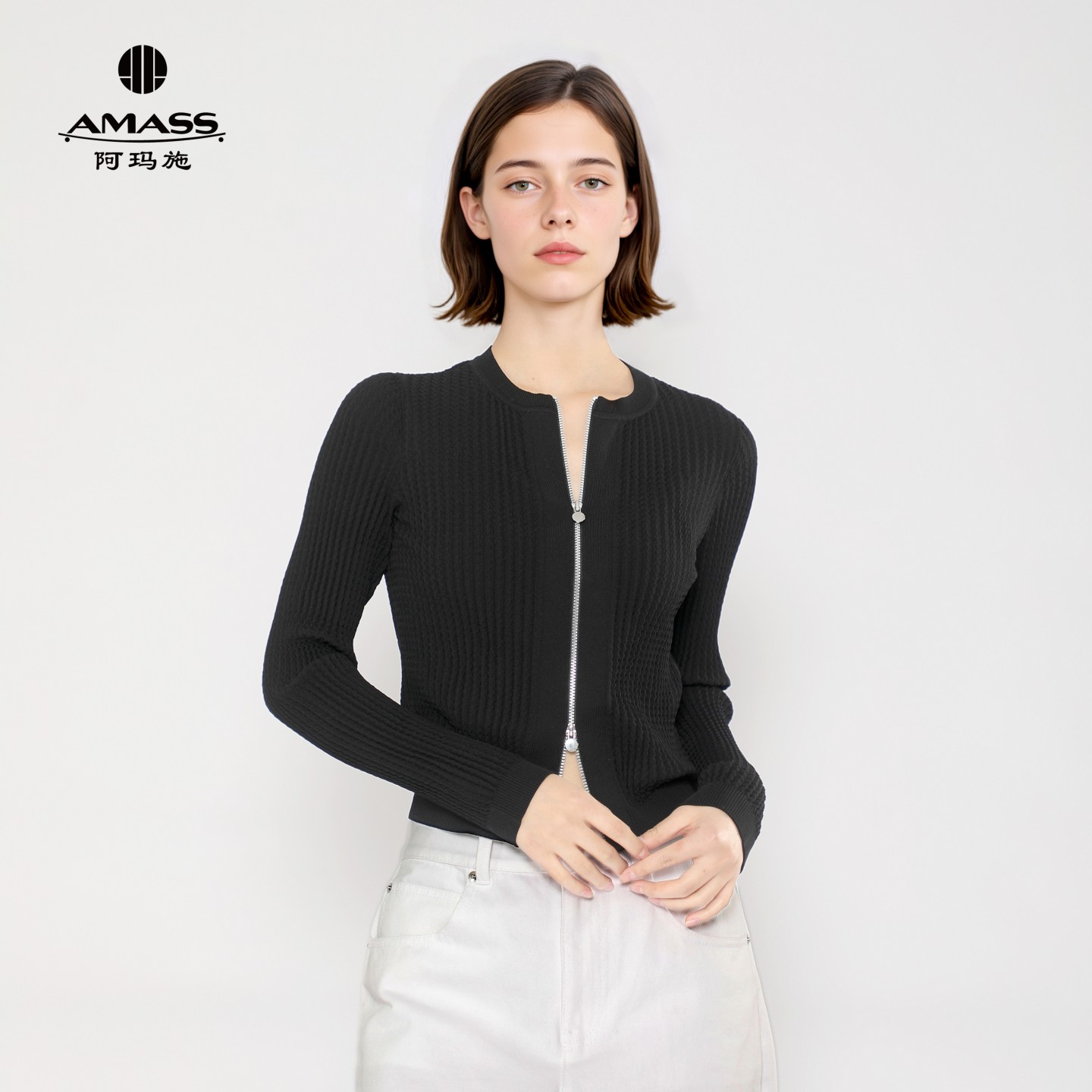 阿玛施【官方正品】秋季新款知性风气质百搭双头拉链针织开衫548068