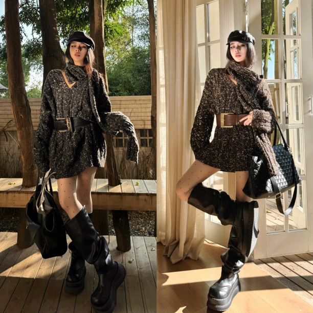 Blackgirl新款【分手合约】高定彩点纱进口纱线V领长款毛衣带围巾