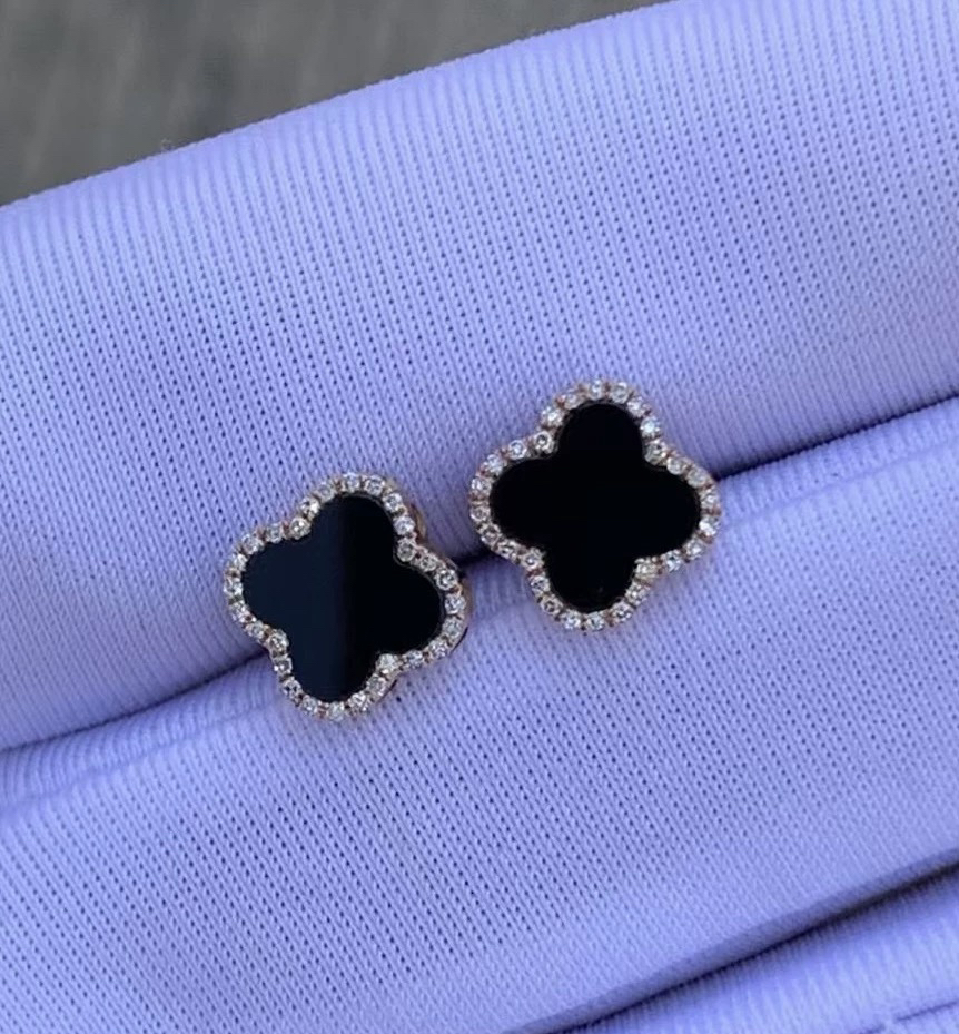 天然缅甸翡翠冰种墨翠四叶草耳钉18k玫瑰金镶嵌简约时尚款