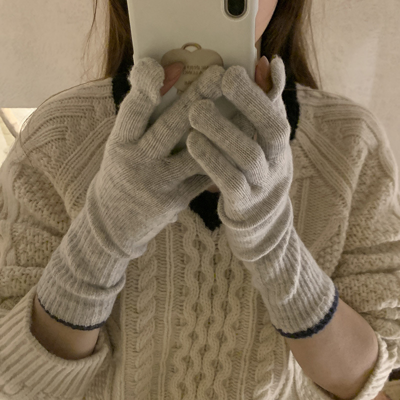 韩式东大门针织仿羊毛触屏秋冬学生骑车运动防寒五指加长保暖手套