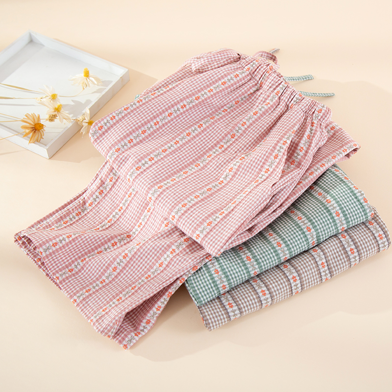 语茉花田纯棉色织提花女士家居裤直筒裤休闲双口袋可外穿休闲透气