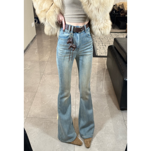 【七柒同款】2025千金风加绒冬季微喇裤牛仔裤绒裤显瘦弹力