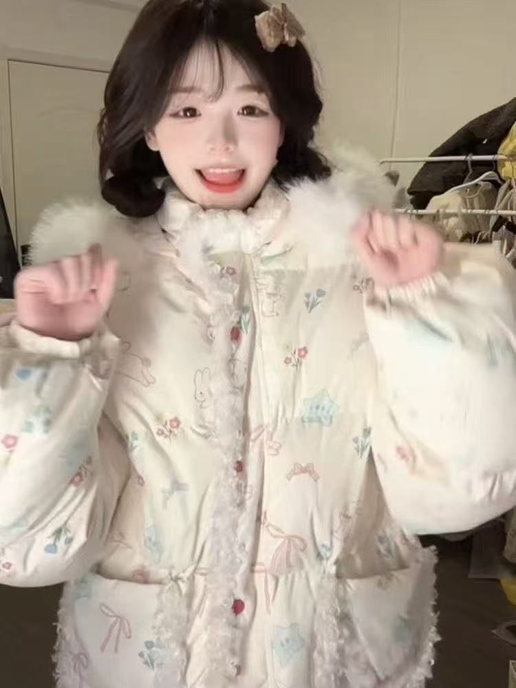 卡通甜美日系满印毛领棉服女冬季新款减龄百搭学生面包服加厚外套
