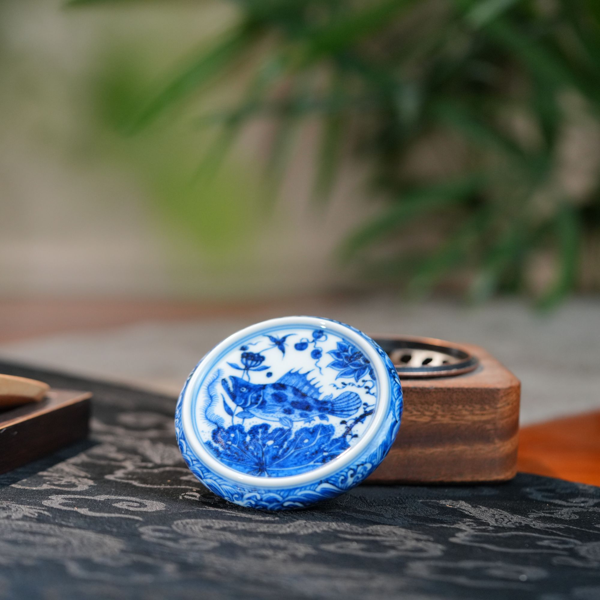 刘建锋窑仿明青花陶瓷干泡中式圆形鱼藻盖置顺丰包邮到家LJF258