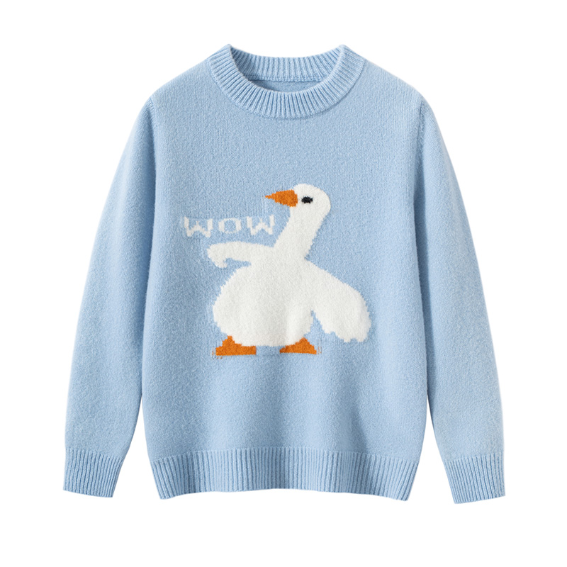 儿童100%纯羊毛衫韩版卡通大鹅针织衫男女童毛衣上衣童装毛衫提花