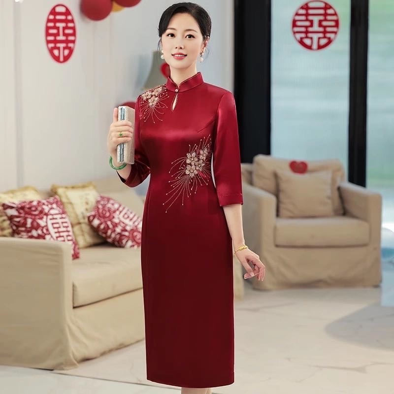 （并蒂花开）秋冬高端醋酸喜妈妈喜婆婆简单大方显气质宴会旗袍