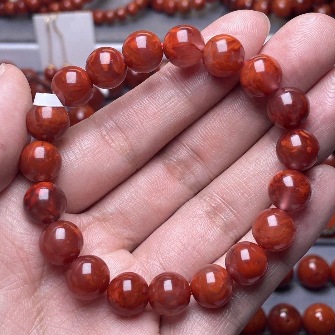 10mm瓦西全品原矿玫红火焰纹圆珠手串