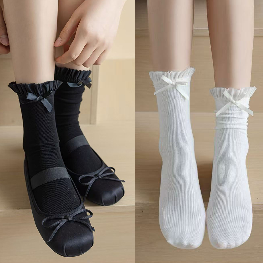 C5104蝴蝶结荷叶边中筒袜