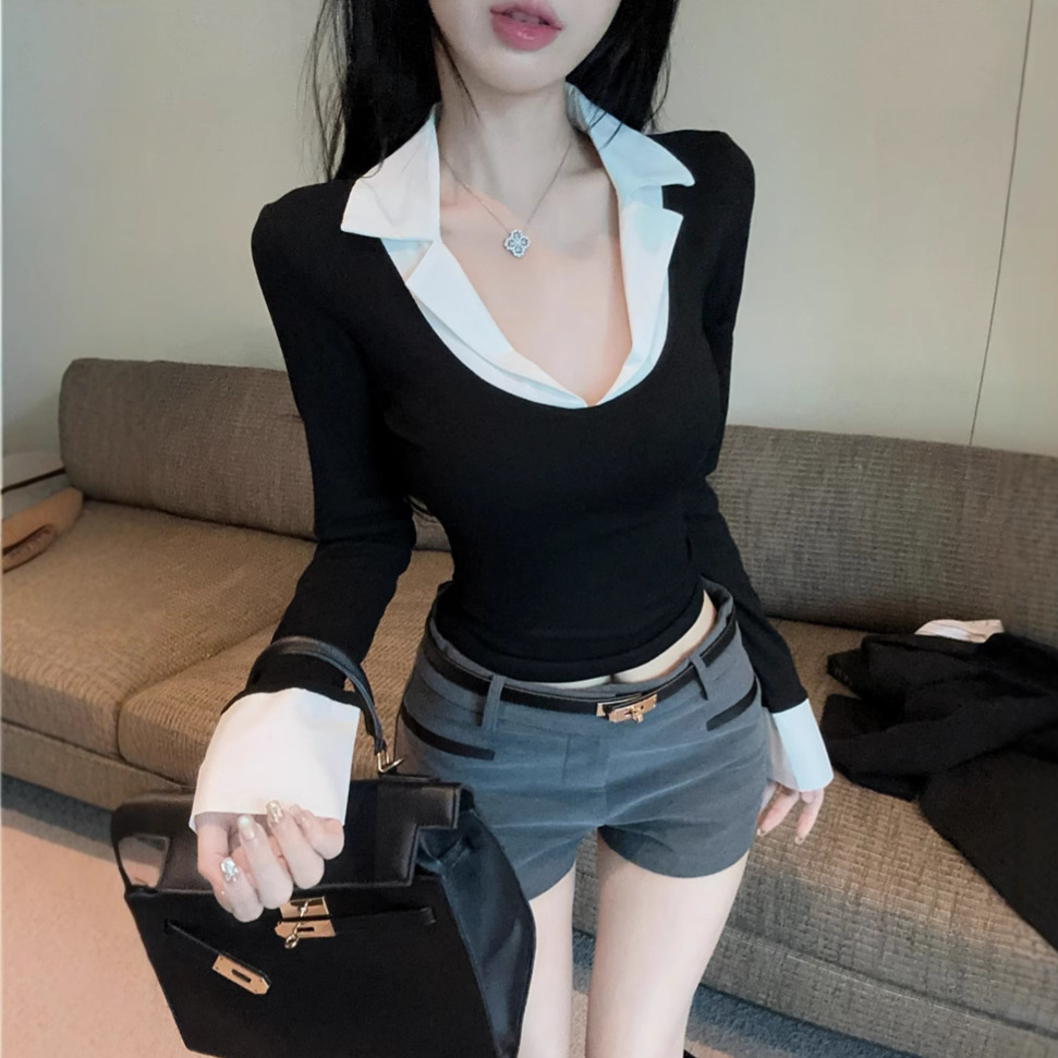 纯欲辣妹低胸v领上衣女撞色秋冬款polo领假两件长袖t恤打底衫内搭