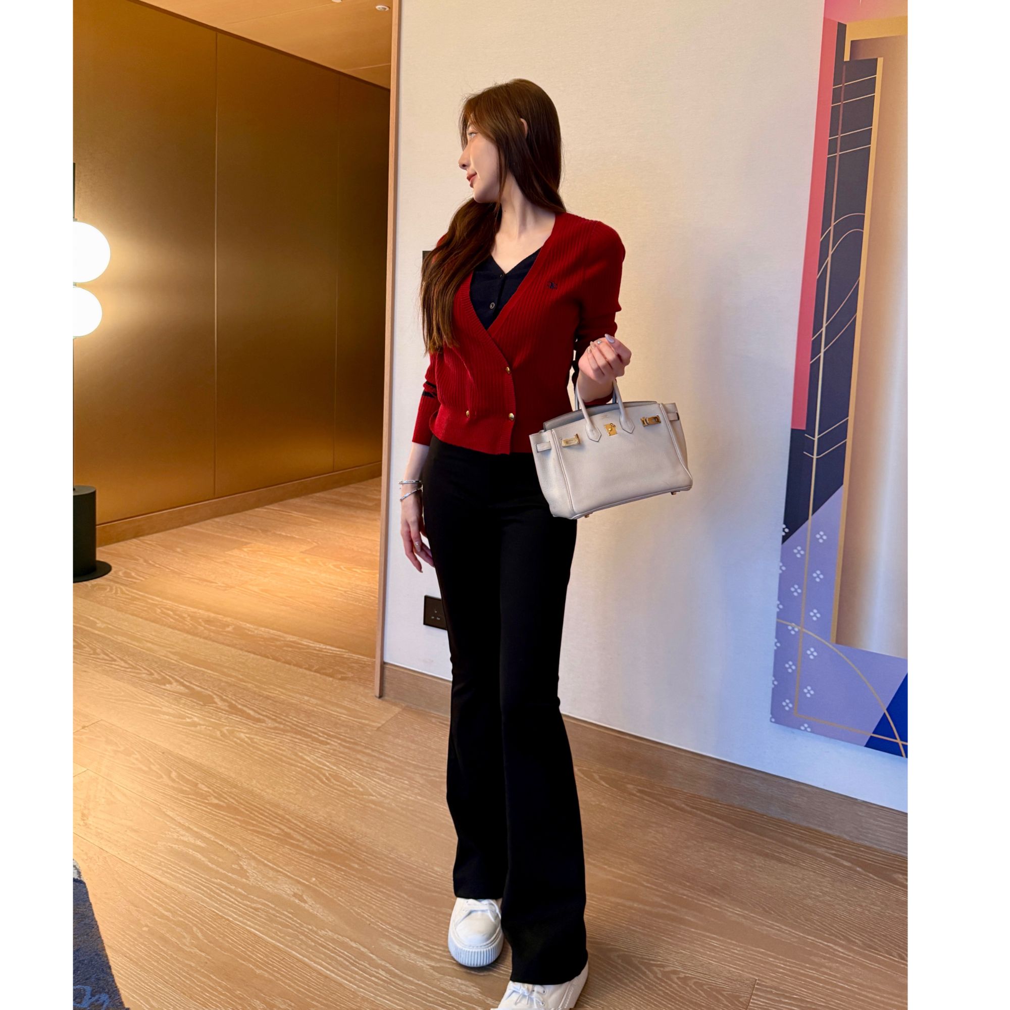 【KANADI】秋冬高级感时尚气质显瘦黑色加绒秋冬弹力微喇长裤K0604