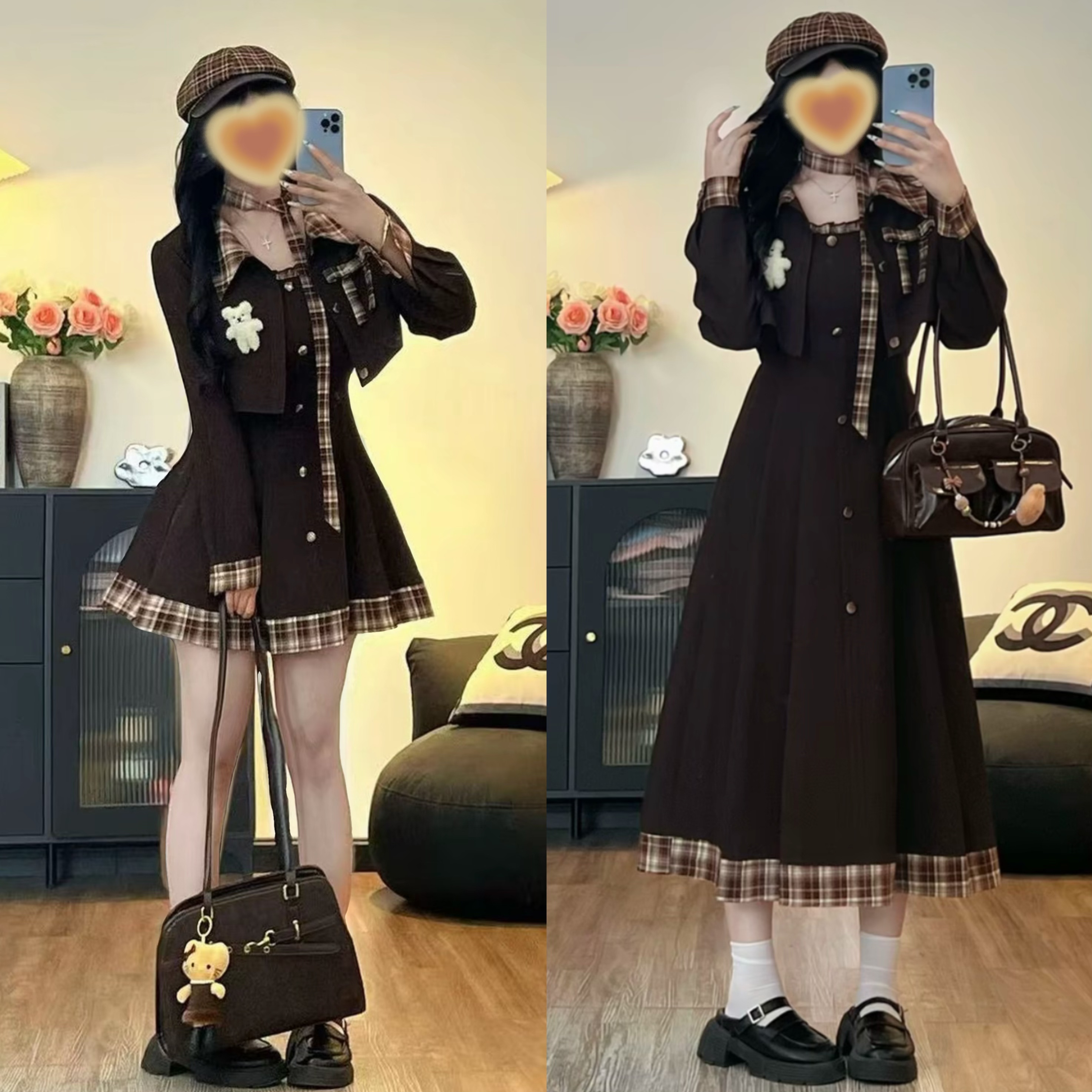 【焦糖咖啡四件套】格纹拼接连衣裙秋冬气质短款西装外套两件套2009