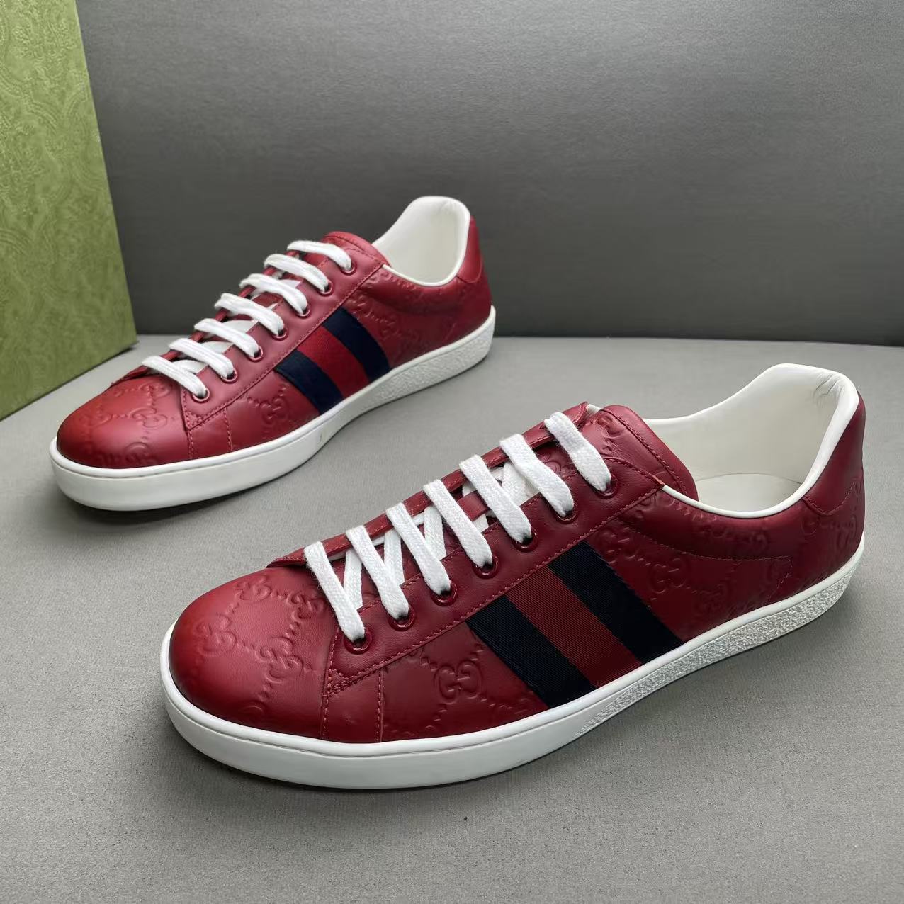 未使用 GUCCI/古驰 红色皮面双G压印logo时尚百搭系带板鞋 42码