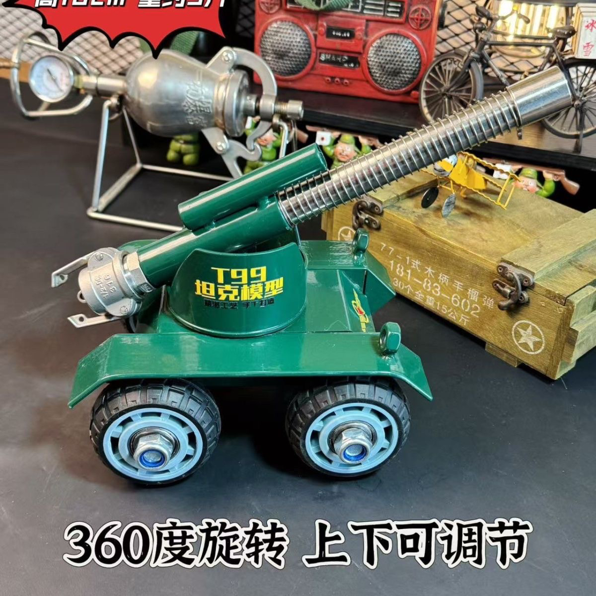新品四轮坦克金属大炮可玩小鞭高颜值新年礼物摆件模型男孩礼物