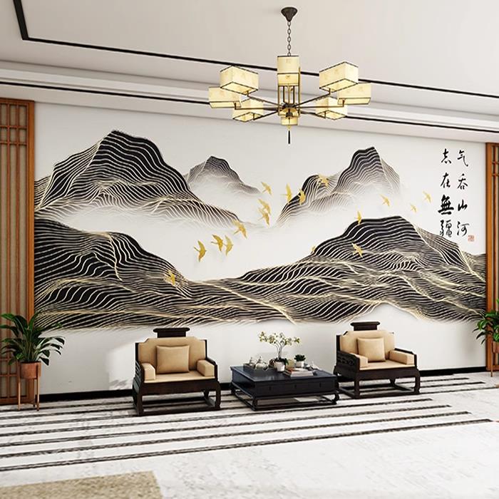 3d新中式山水客厅电视背景墙碳晶板卧室沙发书房床头竹木纤维墙板