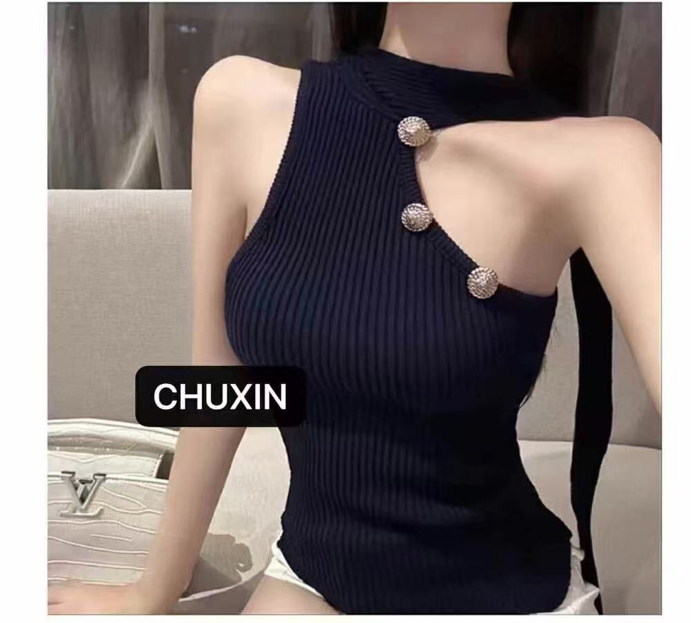 气质挂脖斜肩针织背心设计感小个子内搭外穿上衣春夏