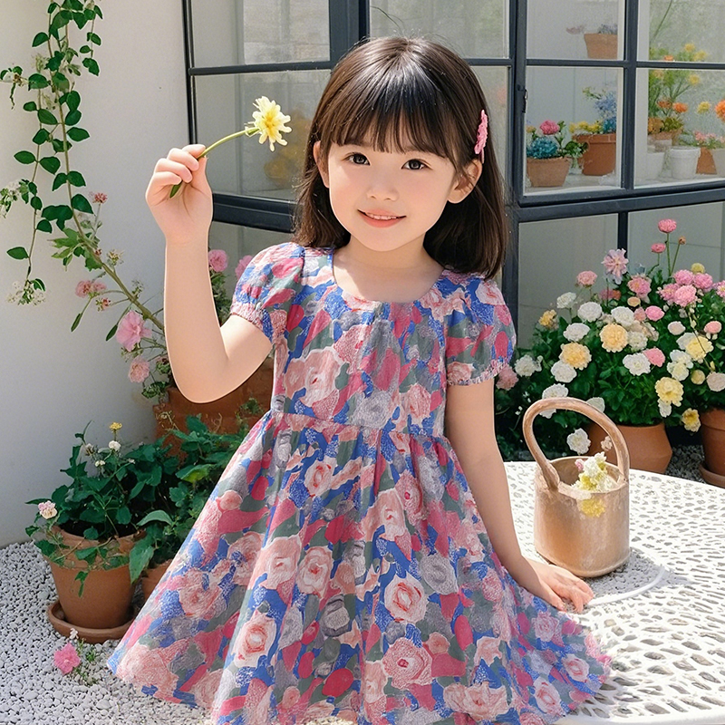 女童连衣裙夏季儿童绵绸碎花裙中大童女孩时尚洋气裙子清新公主裙