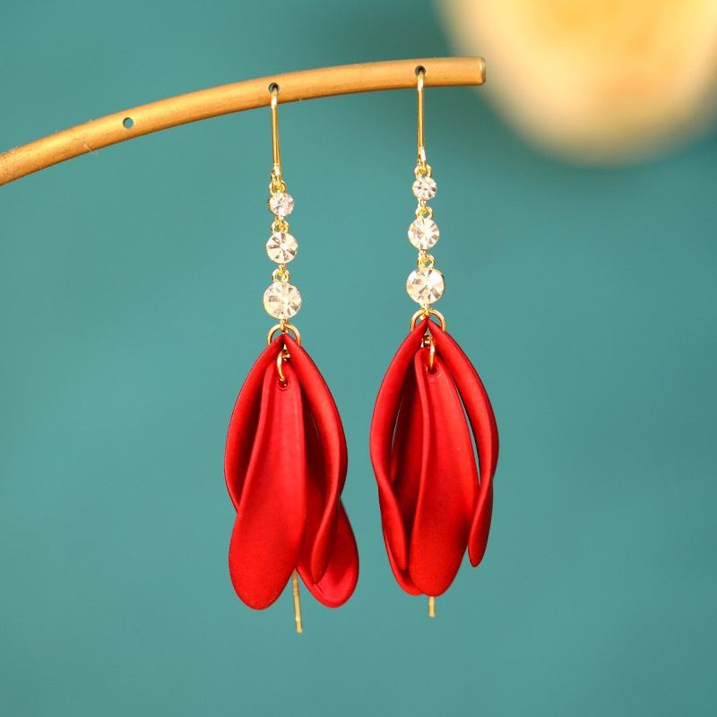 铜合金耳饰 红色郁金香花瓣流苏新款大气百搭长款时尚小众耳环