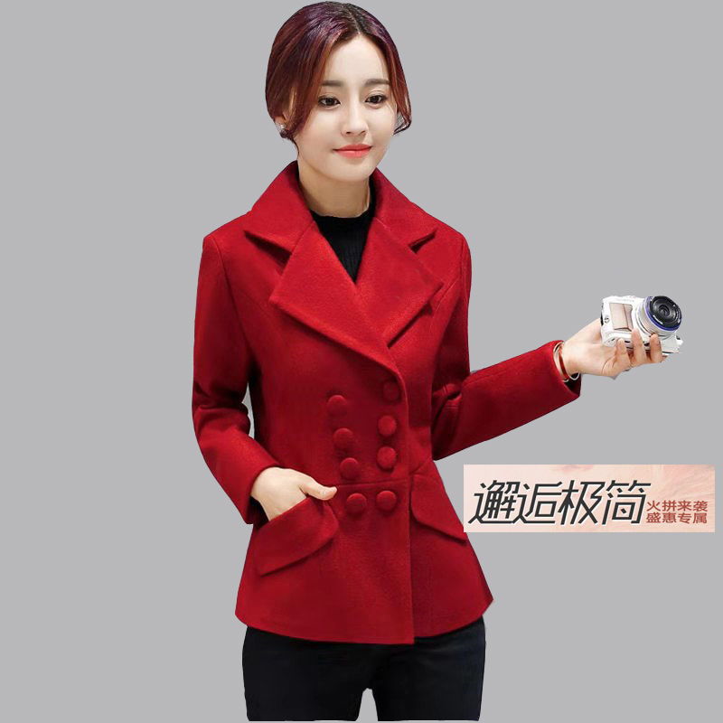 正品】毛呢外套女秋冬新款韩版修身显瘦小个子双排扣呢子上衣