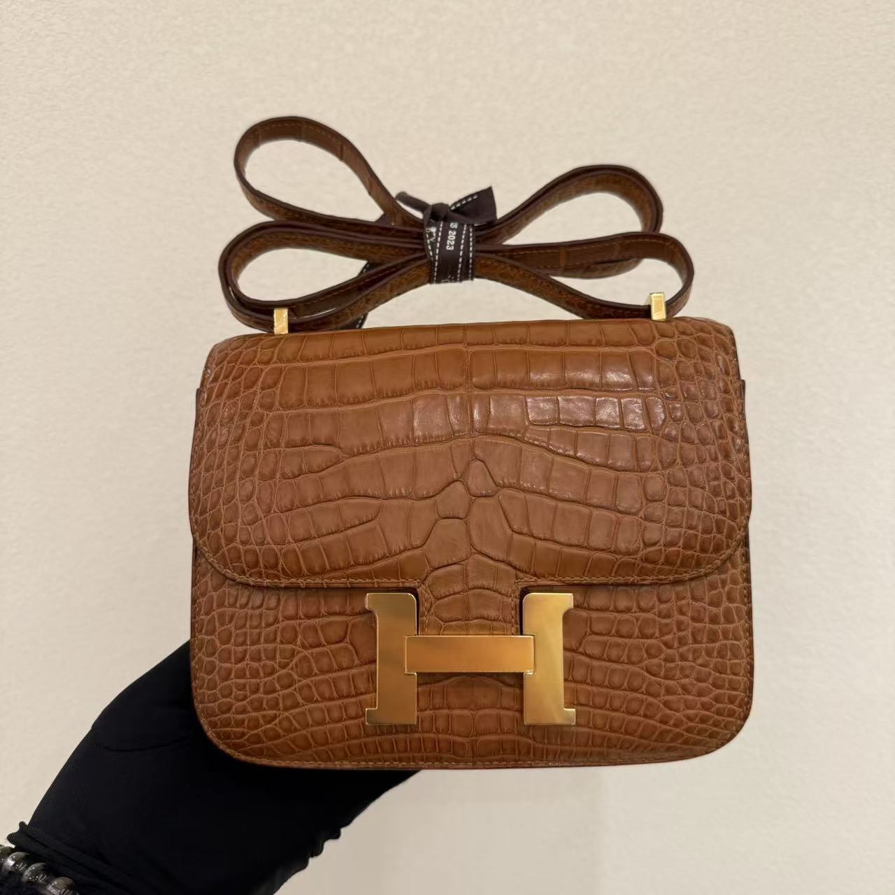 99新 Hermes/爱马仕 康康19 金棕金扣 雾面鳄鱼 U刻 