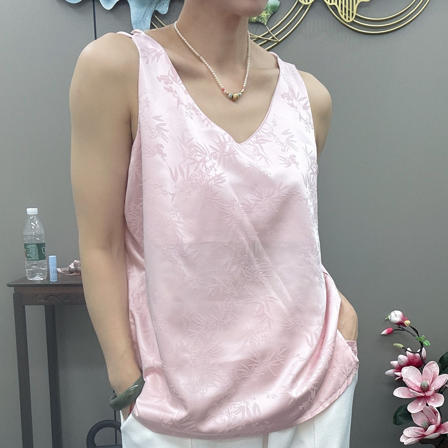 一涵家2025春款新中式提花吊带上衣通勤蕾丝瑜伽时尚打底女士夏季